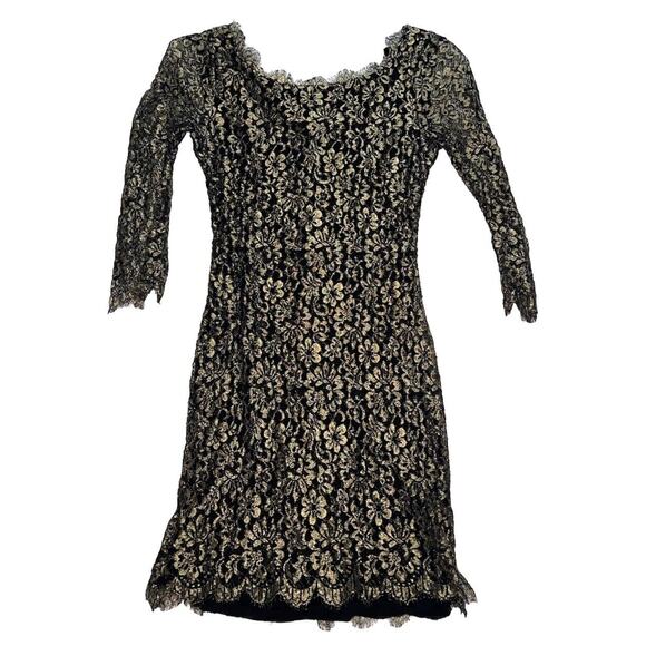 Diane Von Furstenberg Dress Size 2 Gold Metallic Lace Lined Long Sleeve Cocktail - Picture 2 of 15